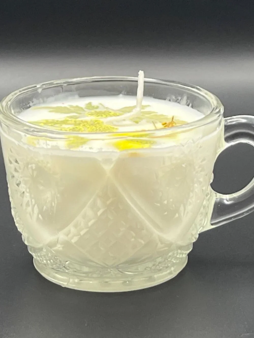 Meadow Lace Pressed Glass Teacup Candle